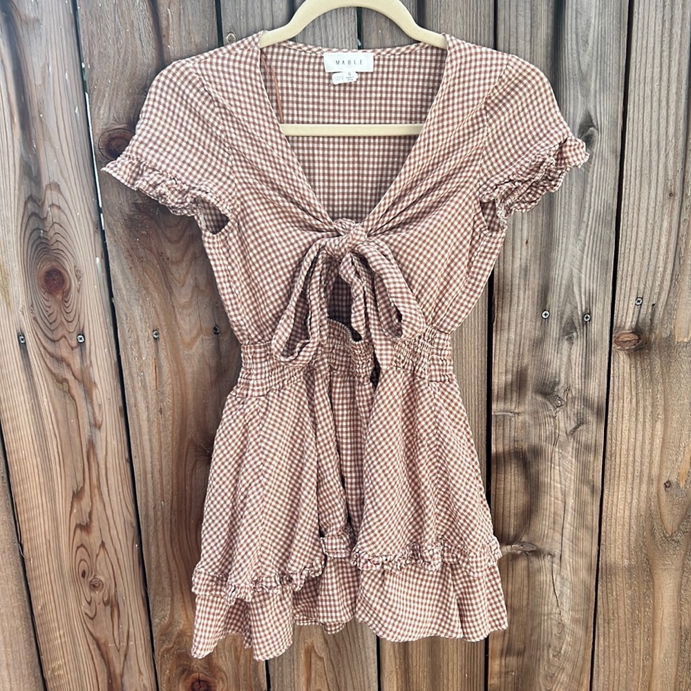 Brown Gingham Cutout Mini Dress